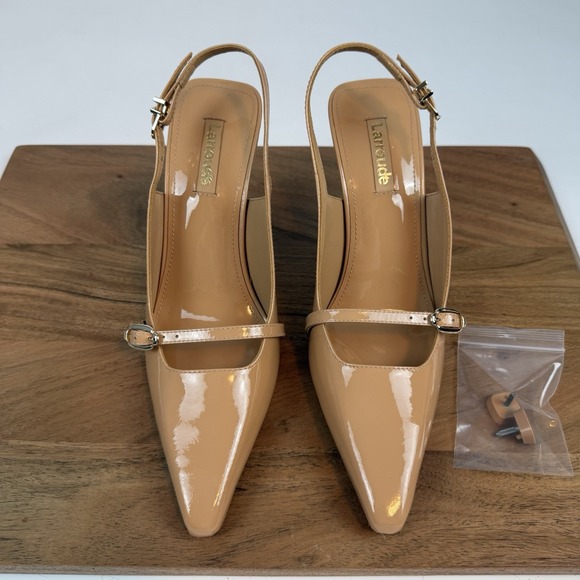 New Womens Larroude Ines Patent Leather Hi Pumps Slingback Nude Heels Sz 8.5